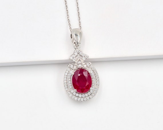 Pendentif Argent 925 Avec Rubis Et CZ - Forme Fleur - Neuf Jamais Porté