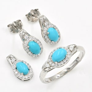 Natural Turquoise Jewelry Set, 925 Sterling Silver, Solitaire Ring, December Birthstone, Dainty Earring, Anniversary Gift, Gift For Her