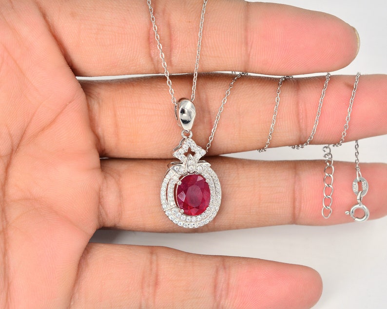 925 Sterling Silver, Natural Red Ruby Cut Pendant Necklace, Solitaire ...