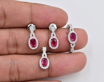 Set di gioielli con rubino naturale ovale da 6 x 4 mm, argento sterling 925, pietra portafortuna di luglio, set di gioielli vistosi, gioielli con rubino, gioielli da donna, regalo per lei