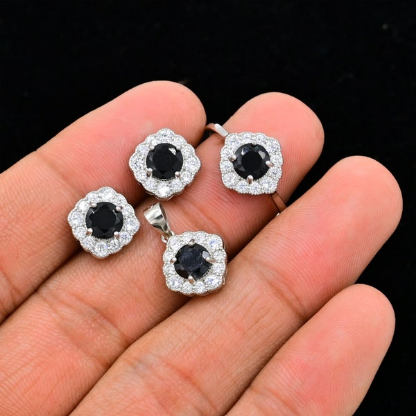 6 MM Round Natural Black Spinel Jewelry Set, 925 Sterling Silver, Statement Ring, August Birthstone, Wedding Jewelry Set, Gift For Her