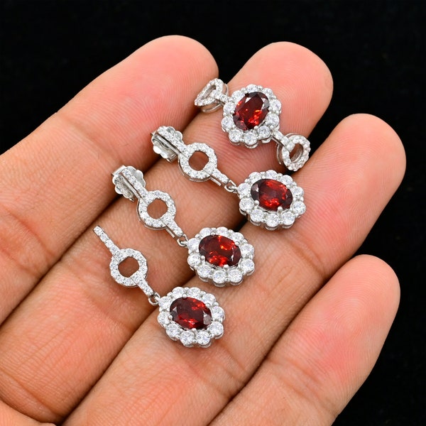 Bridal Jewelry Set, Natural Garnet Jewelry Set, 925 Sterling Silver, January Birthstone, Statement Ring, Charm Pendant, Gift For Her Women