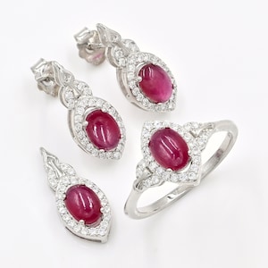 7x5 mm Oval Natural Red Ruby Cabochon Jewelry Set, 925 Sterling Silver, July Birthstone, Ruby Jewelry, Wedding Jewelry Set, Gift For Her
