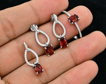 7x5 MM Natural Garnet Jewelry Set, 925 Sterling Silver, January Birthstone, Solitaire Ring, Bridal Jewelry Set, Birthday Gift, Gift For Her