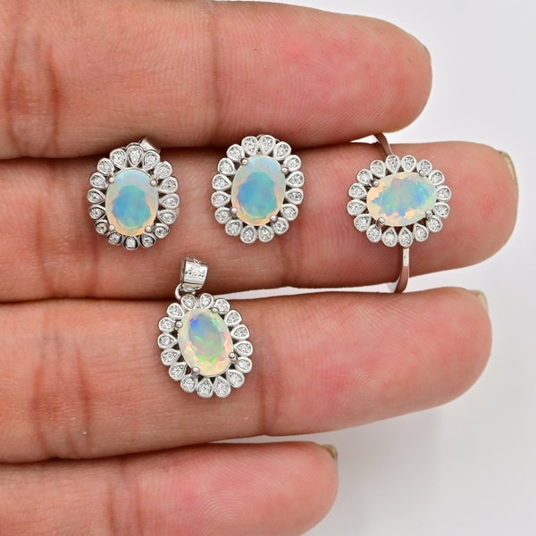 Natural Ethiopian Welo Opal Faceted Cut Jewelry Set, October 925 Sterling Silver Earrings & Pendant Set, Women Opal Jewelry, Gift For Her