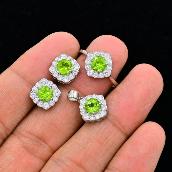 6 MM Round Natural Peridot Jewelry Set, 925 Sterling Silver, Women Jewelry Set, August Birthstone, Statement Ring, Anniversary Gift For Her