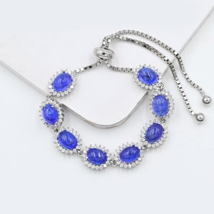 Natural Tanzanite Cabochon Bracelet, 925 Sterling Silver, December Birthstone, Tie Adjustable Bracelet, Gift For Girlfriend, Gift For Her