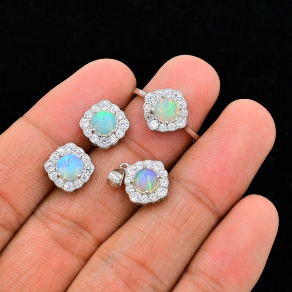 Bridal Jewelry Set, Natural Ethiopian Welo Opal Cabochon Jewelry Set, October Birthstone, Statement Ring, Anniversary Gift, Gift For Her