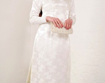 Original Vintage 1960s Brocade Wedding Dress with Train Size S UK 8