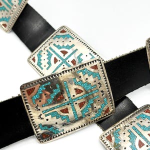 Navajo Concho Belt in Sterling with Inlaid Crushed Turquoise and Coral