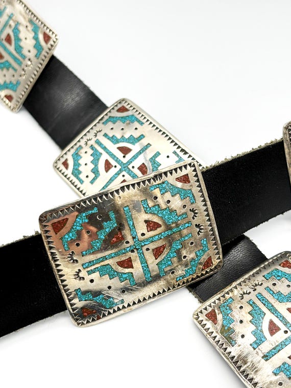 Navajo Concho Belt in Sterling With Inlaid Crushed Turquoise  display picture 2