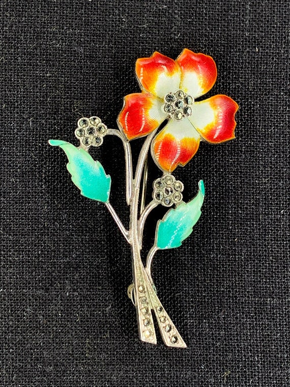 Sterling Enamel and Marcasite Flower Pin