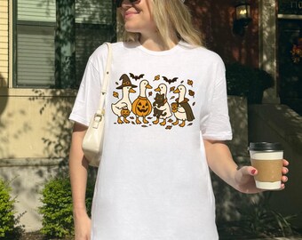 Funny Halloween Goose T-Shirt: Black Cat Spooky Season Tee