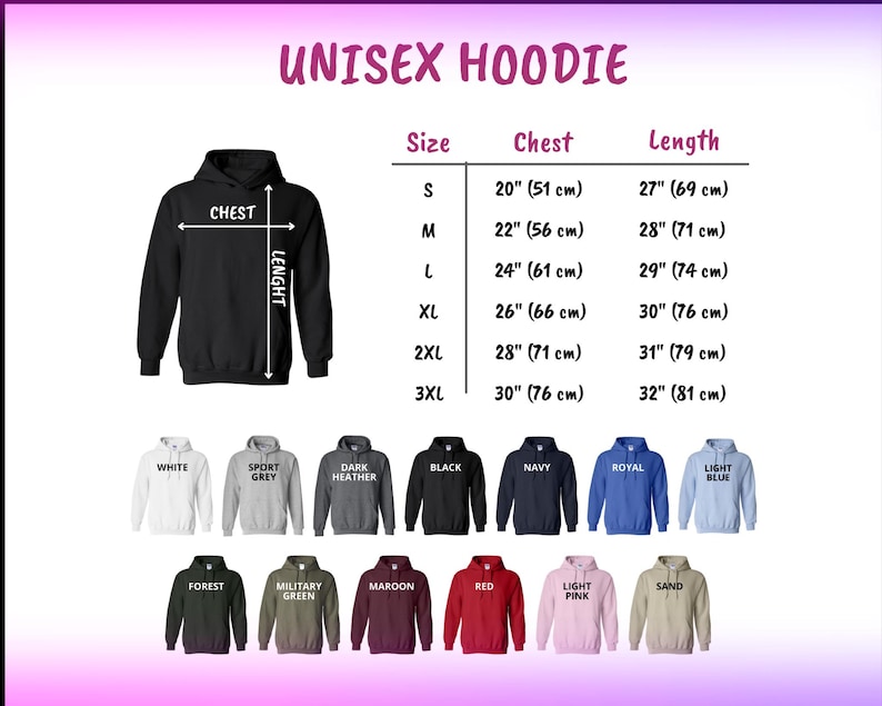 以下が含まれることがあります： 黒のユニセックスフーディー。サイズチャートには、インチとセンチメートルで胸囲と着丈の寸法が示されています。チャートには、S、M、L、XL、2XL、3XLのサイズが表示されています。チャートの下には、14色の異なる色のフーディーの色見本があります。