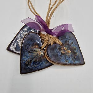 Handmade Ceramic Heart Hanging Decorations – Set of 3 | Midnight Blue/purple Pottery Hearts | Rustic Home Décor | 5cm
