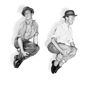 May include: A black and white drawing of two men wearing hats and shirts, jumping in the air with their legs bent at the knees.