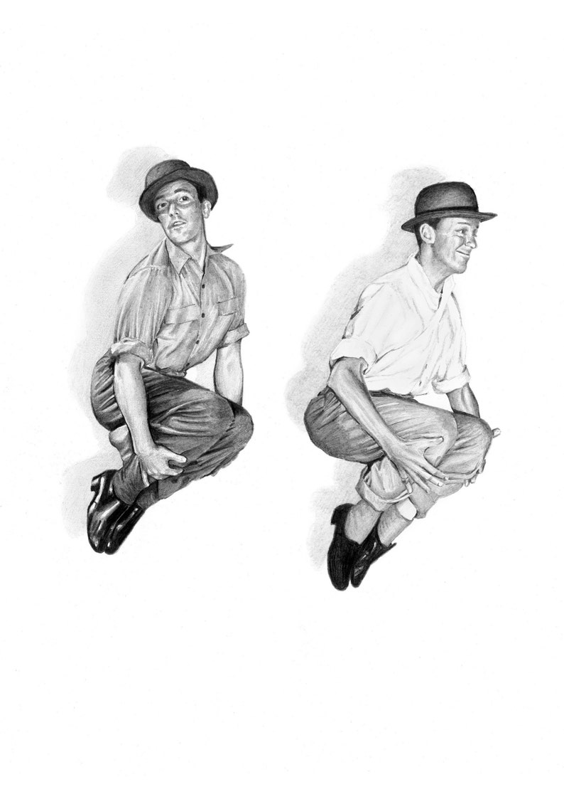 Peut inclure: Un dessin en noir et blanc de deux hommes portant des chapeaux et des chemises, sautant en l'air, les jambes pli&eacute;es au niveau des genoux.