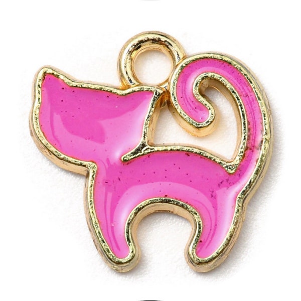 5st bedels cat 13x13mm | charm pendant cat fuchsia | kralenwinkel beadshop kralen | gold color charm