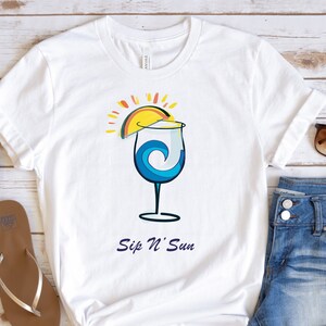 Sip N&#39; Sun Unisex beach t-shirt, summer shirt for women, drinking shirt for women, vacation t-shirt