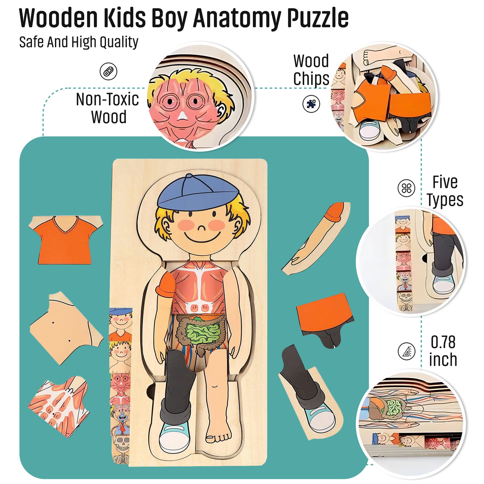 HIGH FIVE 29 Piece Boys Anatomy Play Set Wooden Body Puzzle for Kids ...