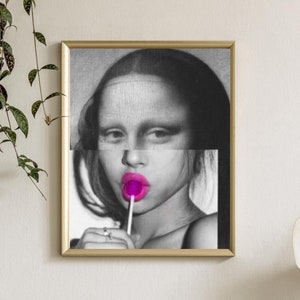 May include: Black and white portrait of a person with a pink lollipop in their mouth. The person's face is partially obscured by a horizontal line.
