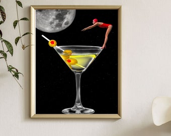 Retro Cocktail Collage Print, Colorful Vintage Surrealism Art, Bar Cart Trendy Wall Art, Dorm Room Decor, Digital Download, Girly Wall Art