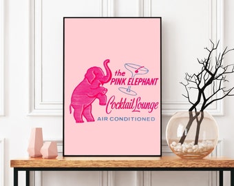 Cocktail Wall Art, Bar Cart Art, Pink Elephant Cocktail Lounge, Trendy happy hour print,  Retro downloadable print