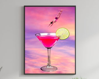 Retro Cocktail Collage Print, Colorful Vintage Surrealism Art, Bar Cart Trendy Wall Art, Dorm Room Decor, Digital Download, Girly Wall Art