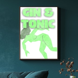 Gin & Tonic Cocktail Poster, Bar Cart Art Print, Retro Cocktail Print, Cocktail Wall Art, Bar Cart Poster, DIGITAL DOWNLAOD,  Alcohol Print