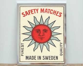 Retro Match Box Art, Art Deco Wall Art, Vintage Safety Match Poster, Trendy Wall Art, Apartment Wall Art, Digital Print