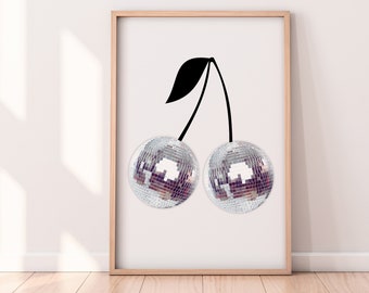 Disco Ball Print, Cherry Disco Poster, Preppy Wall Art, Trendy Wall Art, Girly Wall Art, Dorm Room Decor, Funky Wall Art, Black White Print