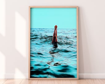 Funky Wall Art, Maximalist Wall Art, Trendy Posters, Eclectic Home Decor, Gallery Wall Art, Handstand in Ocean, Oversized Art,  Cool Posters