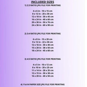 May include: A chart listing different aspect ratio JPG file sizes for printing, including 2:3, 3:4, and 4:5 ratios. The chart also includes a 11x14 paper size option. Measurements are listed in inches and centimeters.