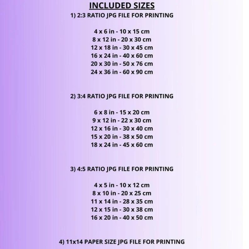 May include: A chart listing different aspect ratio JPG file sizes for printing, including 2:3, 3:4, and 4:5 ratios. The chart also includes a 11x14 paper size option. Measurements are listed in inches and centimeters.