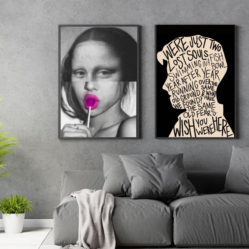 May include: Two black and white framed prints with a silhouette of a person's head and a woman with a pink lollipop. The text on the print reads "We were just two lost souls swimming in a fish bowl year after year running over the old ground & what we found? Have the same old fears. Wish you were here."