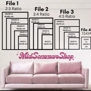May include: A chart showing different print sizes for digital downloads. The chart shows the dimensions in inches and centimeters for each size. The chart is labeled "File 1", "File 2", "File 3", and "File 4". The chart is titled "Mid Sommar Shop."