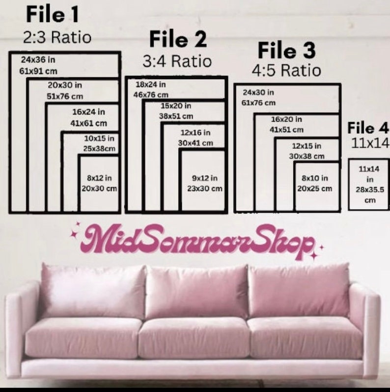 May include: A chart showing different print sizes for digital downloads. The chart shows the dimensions in inches and centimeters for each size. The chart is labeled "File 1", "File 2", "File 3", and "File 4". The chart is titled "Mid Sommar Shop."