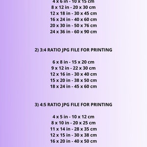 May include: A list of different image sizes and their corresponding measurements in inches and centimeters. The sizes are grouped by aspect ratio: 2:3, 3:4, 4:5, and 11x14. The text "INCLUDED SIZES" is at the top of the list.