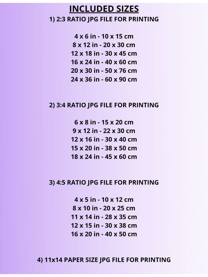 May include: A list of different image sizes and their corresponding measurements in inches and centimeters. The sizes are grouped by aspect ratio: 2:3, 3:4, 4:5, and 11x14. The text "INCLUDED SIZES" is at the top of the list.