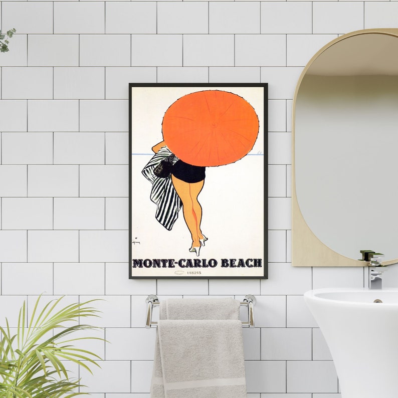 May include: A vintage poster featuring a woman in a black and white striped swimsuit holding a bright orange umbrella. The poster has the text "Monte-Carlo Beach" in black letters.