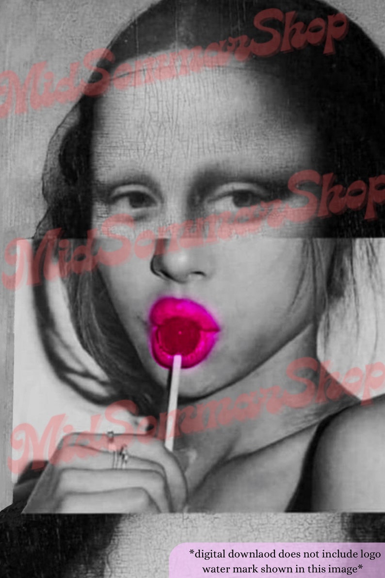 May include: A black and white portrait of a woman with a pink lollipop in her mouth. The woman is wearing a black top and has a ring on her finger. The image has a watermark that says "Mid-Century Shop".