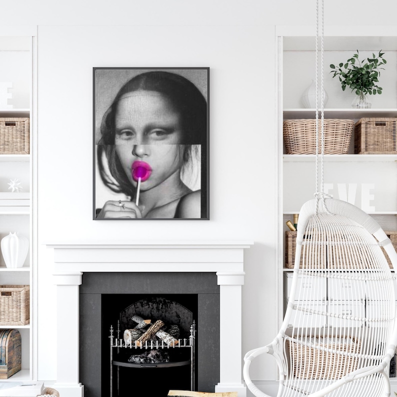 May include: Black and white portrait of a woman with pink lips holding a lollipop. The woman's face is split in half, with the top half showing a more traditional portrait style and the bottom half showing a more modern style. The background is a white wall.