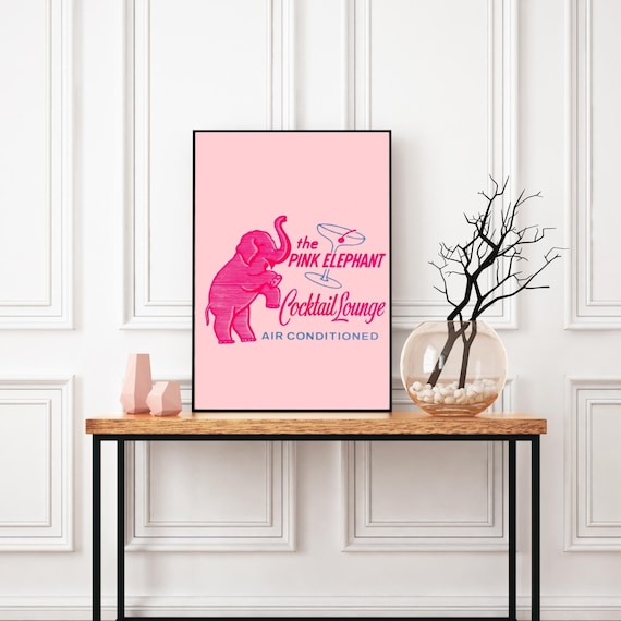 Cocktail Wall Art, Bar Cart Art, Pink Elephant Cocktail Lounge, Trendy happy hour print,  Retro downloadable print