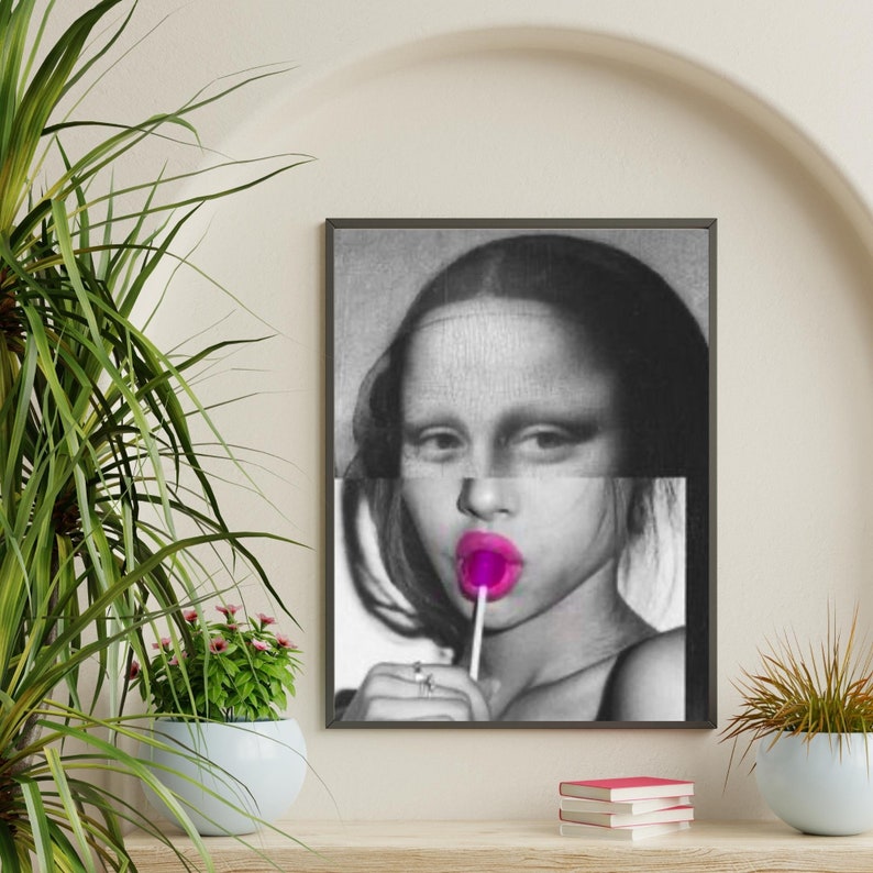 May include: A black and white portrait of a woman with a pink lollipop in her mouth. The woman's face is partially obscured by a black and white pattern.