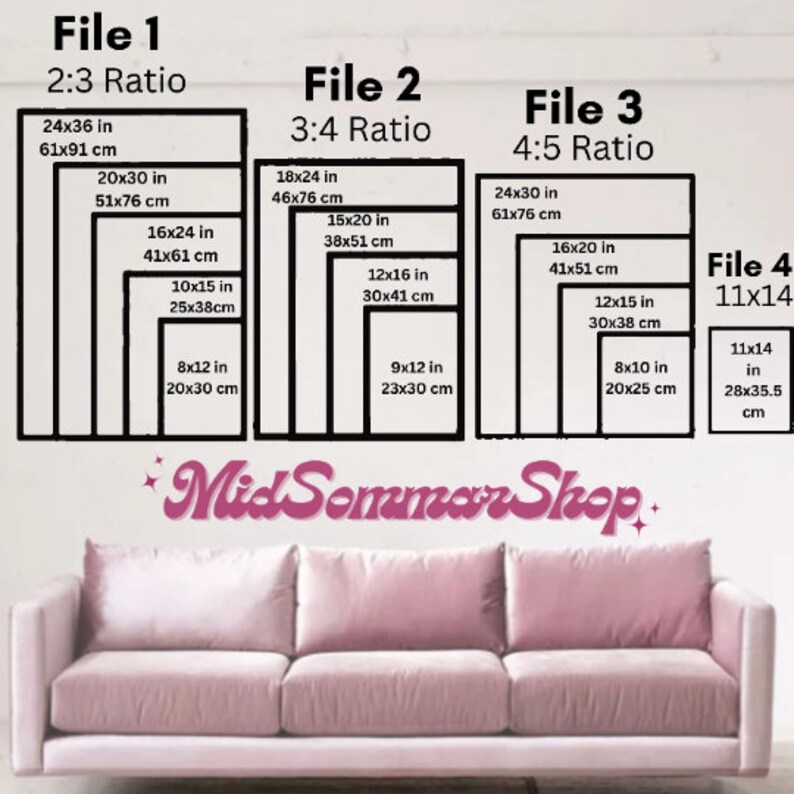May include: A chart showing different print sizes for photos with the text "File 1 2:3 Ratio", "File 2 3:4 Ratio", "File 3 4:5 Ratio", and "File 4 11x14". The chart shows the dimensions in inches and centimeters for each size.