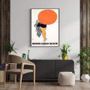 May include: A vintage travel poster featuring a woman in a black and white striped swimsuit holding an orange umbrella. The poster has the text "Monte-Carlo Beach" in black letters.