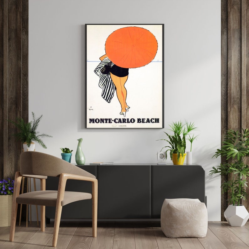 May include: A vintage travel poster featuring a woman in a black and white striped swimsuit holding an orange umbrella. The poster has the text "Monte-Carlo Beach" in black letters.