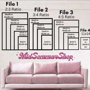 May include: Four different size guides for printable art prints. The guides show the dimensions in inches and centimeters for each size. The text "File 1", "File 2", "File 3", and "File 4" are labeled above each guide. The text "2:3 Ratio", "3:4 Ratio", "4:5 Ratio", and "11x14" are labeled below each guide. The text "Mid Sommar Shop." is written in pink cursive at the bottom of the image.