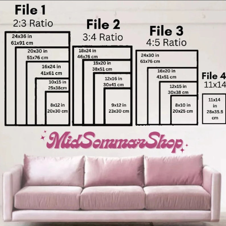 May include: Four different size guides for printable art prints. The guides show the dimensions in inches and centimeters for each size. The text "File 1", "File 2", "File 3", and "File 4" are labeled above each guide. The text "2:3 Ratio", "3:4 Ratio", "4:5 Ratio", and "11x14" are labeled below each guide. The text "Mid Sommar Shop." is written in pink cursive at the bottom of the image.