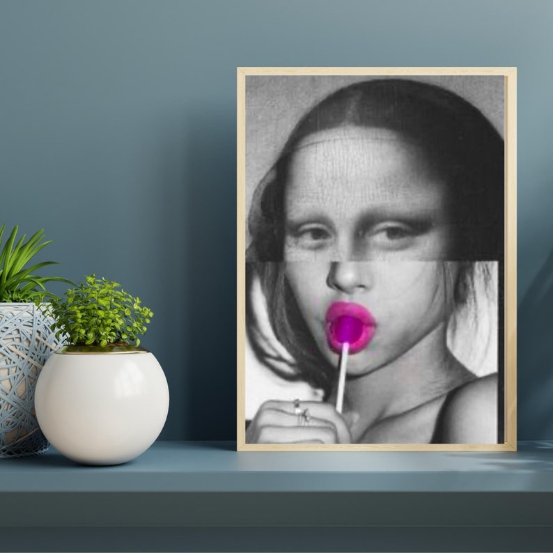 May include: A black and white portrait of a person with a pink lollipop in their mouth. The person's face is partially obscured by a patterned fabric.